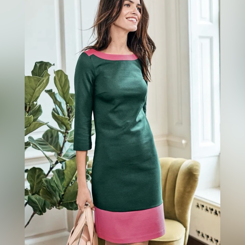 Boden Green Midi Dress with Pink Trim